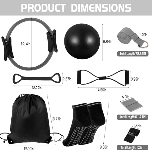 21 Pcs Pilates Ring Circle Set for Women, Includes Ball Yoga, Ring Stretching, Strap Bands, Non Slip Socks, Back Bags for Workout, Commonly Used for Yoga, Pilates, Stretching, Fitness(Black,Gray)