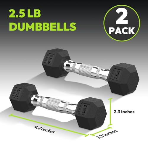 HANDBODE Hex Dumbbell Set of 2, Rubber Encased Fixed Dumbbells, 2.5-65 lb | Non-Slip Comfortable Handles, Hand Weights for Strength Training, Ideal for Home Gym Workouts - size: 2.5 lb, Pair, style: Chrome Handle