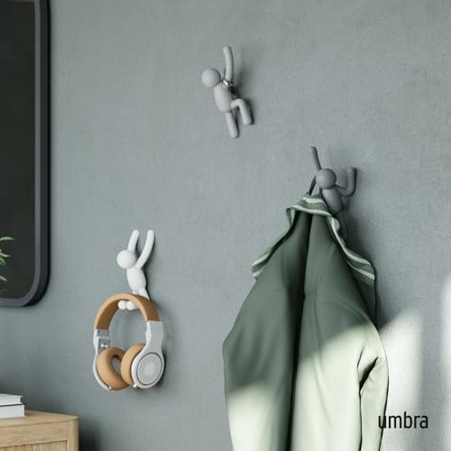 Umbra Buddy Wall Hooks, Decorative Wall Mount Coat Hooks, Set of 3, Grey | Easy install with hardware, holds 5lbs per hook, entryway bedroom bathroom dorm, playful hanging storage, recycled plastic - color: Gray