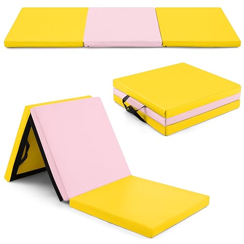 Goplus Folding Gymnastics Mat, 6’ x 2’ x 2’’ Thick Tri-Fold Exercise Tumbling Mat w/Carrying Handles, Hook & Loop Fastener, Gym mats for Home Fitness Yoga Aerobics Workouts Martial Arts - color: Yellow + Pink