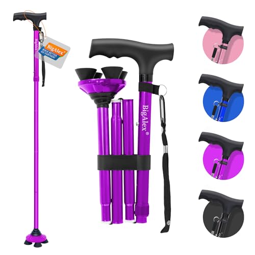BigAlex Folding Walking Cane for Elderly Adjustable & Portable Walking Stick for Seniors,Pivoting Quad Base,Lightweight,Collapsible with Carrying Bag for Men/Woman - color: Purple(4'9"-5'6")