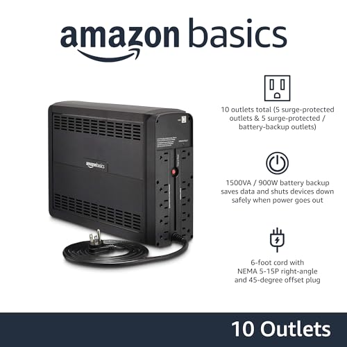 Amazon Basics UPS Battery Backup & Surge Protector, 1500VA/900W, 10 Outlets, Line Interactive Uninterruptible Power Supply with Sinewave Technology, Black - size: Line Interactive, style: 10 Outlet (1500VA)
