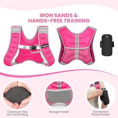 Fragraim Weighted Vest for Women Men - 8lb/10lb/12lb/16lb/22lb/25lb/30lb Weight Vest with Reflective Stripe, Detachable Phone Pouch, Ideal for Walking, Strength Training, Running, Workout, Cardio - color: Rose, size: 8 lb