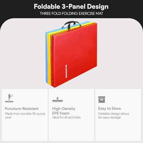 BalanceFrom 6x2 Feet 3-Panel Folding Gymnastics Mat – 1.5-Inch Thick Pad with Vinyl Surface and Carrying Handles for Tumbling, Yoga, Pilates, Home Workouts, and Martial Arts - color: Multi-Color