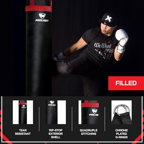 Heavy Punching Kicking Bag for Adults, Boxing, MMA, Martial Arts, Muay Thai, Strength Training Equipment, Filled, 5ft, 100 lbs, Colored Strap and Rhino Logo - color: Red / Black, size: Filled