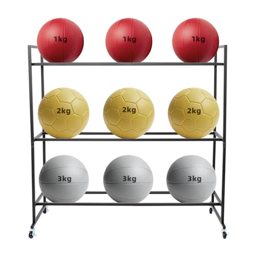 3 Tier Medicine Ball Rack with Wheels, Rolling Weight Ball Storage Stand for Home Gym with 20 lbs Capacity Per Shelf, Heavy Duty Fitness Holder for Slam Balls Wall Balls Exercise Balls, Indoor/Outdoor