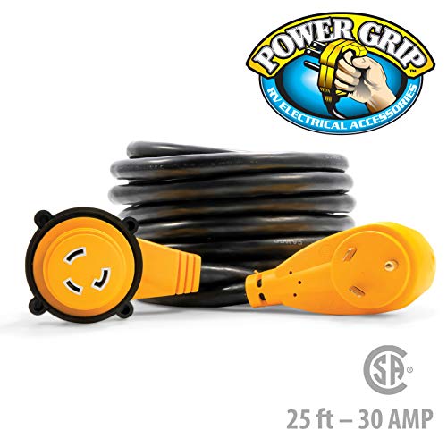 Camco PowerGrip 25-Ft 30 Amp RV Extension Cord w/90° Locking End - Features NEMA TT-30P Male & Marine-Style L5-30R Locking Female Connectors - Rated for 125V/3,750W - 100% Copper 10-Gauge Wire (55524) | 25 Ft Length, 30 Amp, 750W) Rating, Nema Tt-30p Male