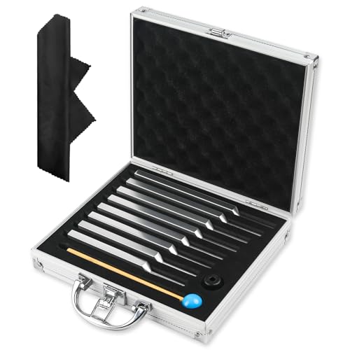 Tuning Fork Medical Sound Healing Set of 8 (256 Hz, 288 Hz, 320 Hz, 341.3 Hz, 384 Hz, 426.6 Hz, 480 Hz, 512 Hz), Unweighted Aluminum Chakra Forks with Reflex Hammer, Storage Bag and Exquisite Package - color: 8 Pcs - Silver