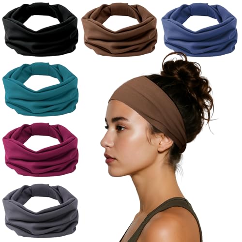 HSEM Headbands for Women, Wide Elastic Head Bands, Non-Slip Thick Hair Bands, Sports Stretchy Sweat Bands, Large Knotted Soft Headband, Gray Burgundy Green Black Coffee Navy - color: GrayBurgundyGreenBlackCoffeeNavy