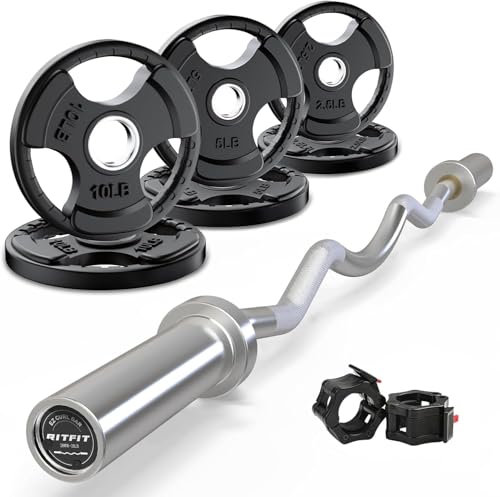 RitFit 2 Inch EZ Curl Bar with Weights, 350LBS Weight Capacity Olympic Curl Barbell for Bicep, Tricep and Weight Lifting Exercises - style: Silver(with 35LB Weights and Collar)