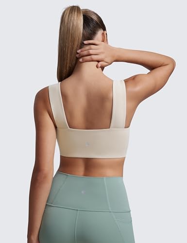 CRZ YOGA Butterluxe Wide Strap Sports Bras | Light Support, Removable Pads, Yoga, Extremely Soft, Square Neck, Front Split Line, for Women - color: Mojave Tan, size: Large