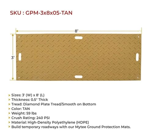 Mytee Products 4 Pcs Ground Protection Mats - Tan, 3' x 8', Heavy Equipment Mats w/ 6 Pcs Single Connectors - color: Tan, size: 4 - Pack