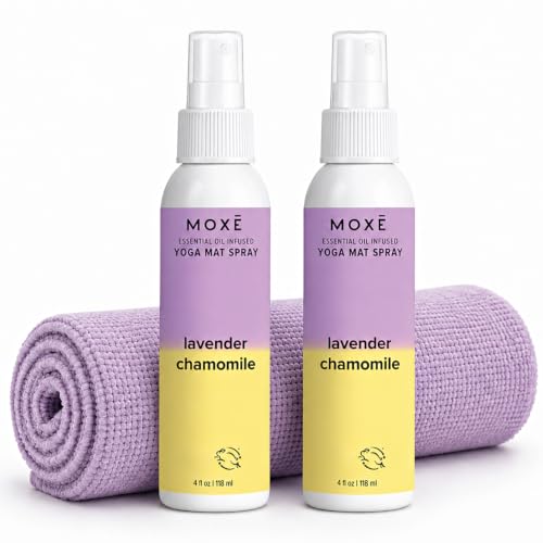 MOXE Yoga Mat Cleaner Spray, Lavender & Chamomile Essential Oil, 4oz, 2 PK | Plant-Based Cleaner Refreshes and Deodorizes Yoga Mats and Exercise Equipment; Non-Toxic Formula for Home, Studio Or Gym Use - size: 4 Fl Oz (Pack of 2)