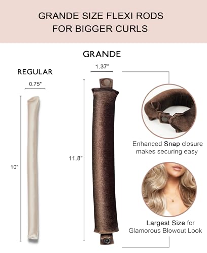 Grande Heatless Curls Overnight Rods - Upgraded Directional Grip Velvet - No Heat Hair Curlers to Sleep, Jumbo Large Hair Rollers Flexible Curling Rods Set for Long Thicker Coarser Hair Blowout Look - color: Brown