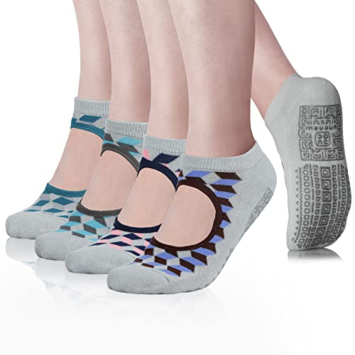 unenow Non Slip Grip Yoga Socks for Women with Cushion for Pilates, Barre, Home - color: 4 Pairs Grids-green/Blue/Pink/Lake Blue