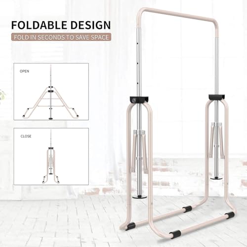 Tepemccu Gymnastics Bars, Adjustable Gymnastic Horizontal Bars for Kids | 5-Height Adjustable 34.8"-50.8", Foldable for Home Training, Include Children Gymnastics Rings and Bar Pad, Indoor Outdoor - color: Beige
