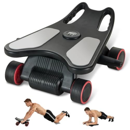Ab Roller Wheel, Ab Roller, Upgraded Automatic Rebound Ab Roller with Elbow Support, Knee Mat & Timer, 4 Wheels Ab Workout Equipment for Core Strength Training, Silent Ab Wheel for Beginners Men Women Home Gym Fitness - color: Black and Red