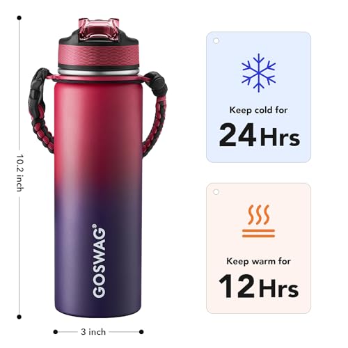 GOSWAG 24oz Insulated Stainless Steel Travel Water Bottle, 2 Lids | with straw and no straw, Paracord handle, Double-wall vacuum keeps drinks cold or hot, Leakproof tumbler - color: Red-Blue Ombré