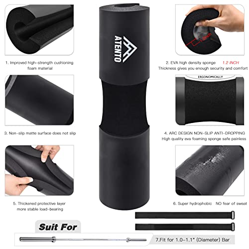 ATENTO 10Pcs Barbell Pad Set with Weight Lifting Belt, Thick Cushion Hip Thrust Pad for Bench Press, Lunges, Workout, Leg Exercise, Squat Bar Pad for Relief Pressure from Neck & Shoulder for Smith machine & Olympic Bars, with 2 Gym Ankle Straps, Hip Resis