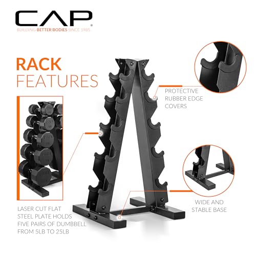 CAP Barbell 150 LB Coated Hex Dumbbell Weight Set with Vertical Rack | Multiple Options - color: White Rack, style: 12-Sided Black Handle