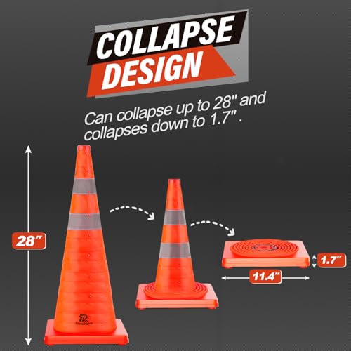 RoadHero 28 Inch 4 Pack Collapsible Traffic Safety Cones, Multi Purpose Pop-up Cones with Reflective Collar for Road Safety, Orange Cones for Driving Training, Parking Lots - size: 28 Inch