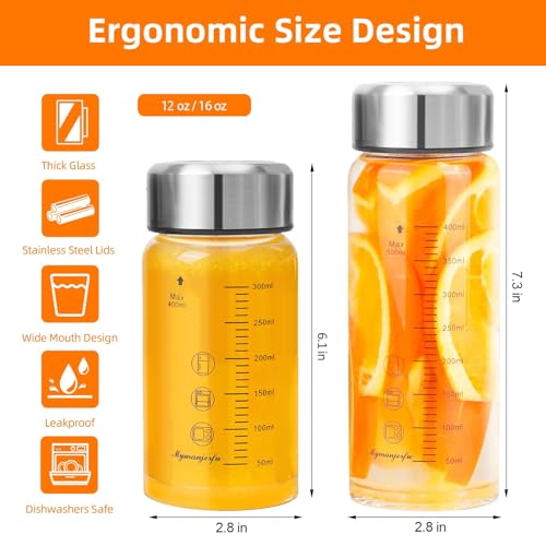 Glass Juice Bottles 6 Pack 12 oz - Wide Mouth Glass Water Bottles with Lids - for Juicing, Smoothies, Milk, Protein, BPA Free, Reusable, Stainless Steel Lids, Leak Proof, Shaker bottle (400 ml) - color: 6-Pack, size: 12 oz/400 ml