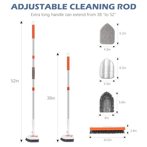 SetSail 4-in-1 Tile Tub Floor Scrubber with 52-inch Adjustable Long Handle Shower Cleaner Brush with V-Shaped Grout Brush and 3 Replacement Brush Heads for Cleaning Bathroom Kitchen Walls Tub Tile - color: Orange, size: 2 Pads + V-Shaped Brush