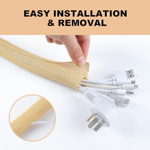 AGPTEK Cable Sleeve, 20ft - 1 inch Cable Management Desk Cord Cover Organizer Wire Hider for Home Office Computer TV Wire Loom Tubing Pet Proof Cord Protector from Cat Dog Chewing, Wood Color - color: Wood Color, size: 1"-20ft