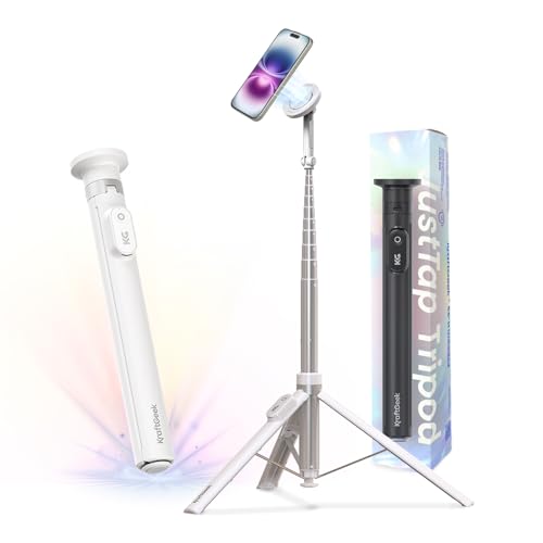KraftGeek Magnetic Phone Tripod for iPhone, JustTap Tripod for MagSafe | 66" Selfie Stick Tripod, Auto-Open, N52 Magnetic Mount, Portable Phone Tripod Stand for Travel, Video Recording & Vlogging - color: White