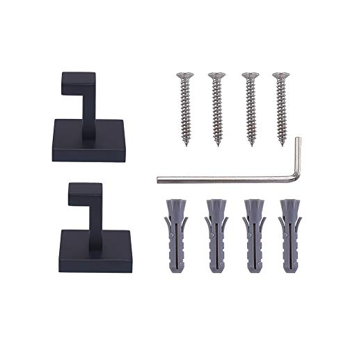 TASTOS Bath Towel Hooks Matte Black, 2 Pack Stainless Steel Robe Coat and Clothes Hook, Heavy Duty Wall Hook for Bathroom & Kitchen, Modern Square Style Wall Mounted (Black) - color: Matte Black, size: Square (2 Pack)
