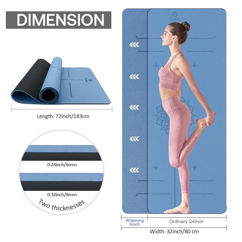 Gruper Yoga Mat Non Slip TPE Extra Wide Yoga Mat with Alignment Mark, 72"L x 32"W x 0.32"/0.24"Th (183cm x 80cm x 8mm/6mm), Anti-Tear Exercise Mat with Carrying Strap and Bag, Workout Mats for Yoga, Pilates - color: Blue Black, size: 0.32*32*72 Inches