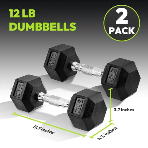 HANDBODE Hex Dumbbell Set of 2, Rubber Encased Fixed Dumbbells, 2.5-65 lb | Non-Slip Comfortable Handles, Hand Weights for Strength Training, Ideal for Home Gym Workouts - size: 12 lb, Pair, style: Chrome Handle