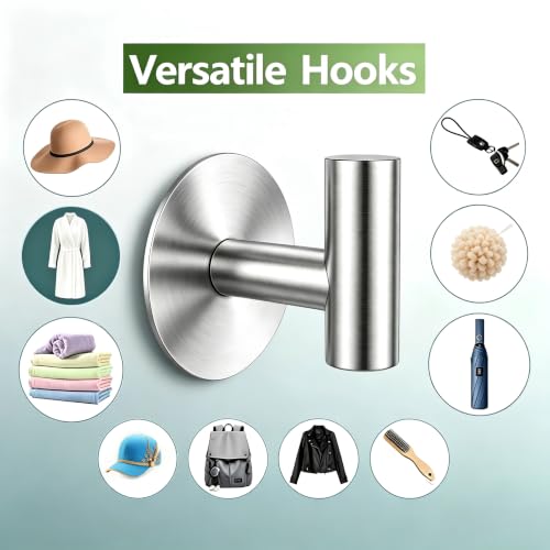 Heavy Duty Self-Adhesive Coat Hooks, Stainless Steel Towel Hooks for Bags, Towels, Robes, Hats, Aprons – No Drill Bathroom, Kitchen, Hotel Wall Hooks (Silver, 4 Pack) - color: Silvery, size: Adhesive "T" Shape- 4 Pack