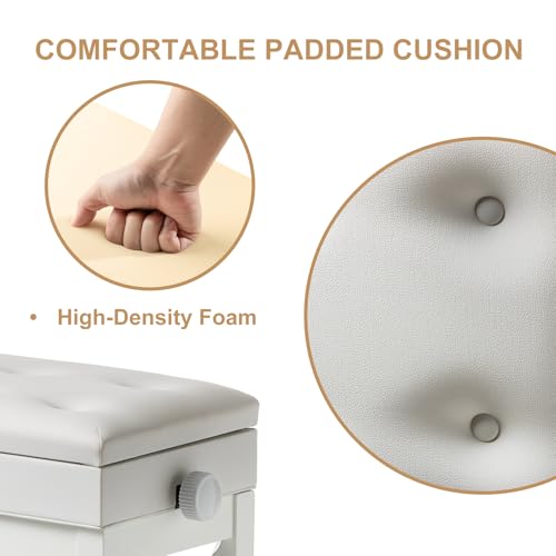 Adjustable Height Piano Bench Stool PU Leather Cushion Wooden Keyboard Seat with Music Storage (White) - color: White