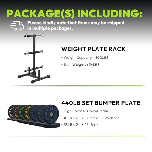 HANDBODE Weight Plate Rack with Barbell Storage, 1100 lbs Capacity | 6-Peg Vertical Holder for 1- or 2-Inch Plates, Heavy-Duty Organizer for Home Gym - style: 440 LB - Set with Rack