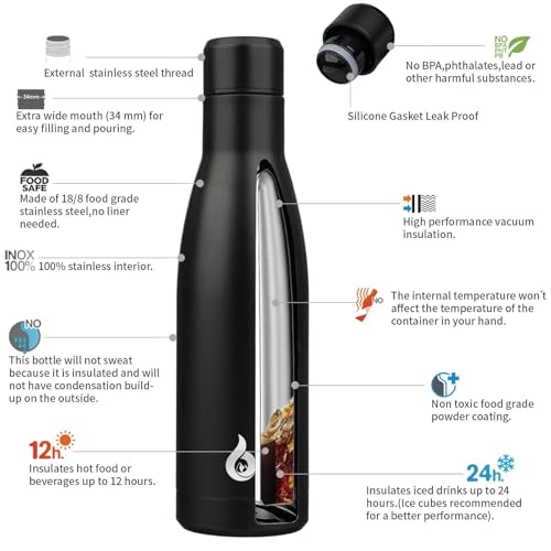 BJPKPK Insulated Water Bottle 17oz Stainless Steel Water Bottles Dishwasher Safe Metal Thermal Keep Cold and Hot,Midnight Black - color: Midnight Black, size: 17 Ounces