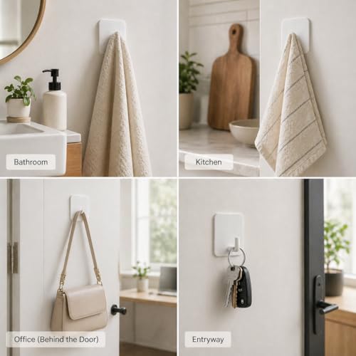 Stainless Steel Adhesive Wall Hooks, White, 8 Pack | Heavy Duty, Waterproof, For Bathroom Kitchen Shower, For Towels Keys Hats Robes - color: 01-white