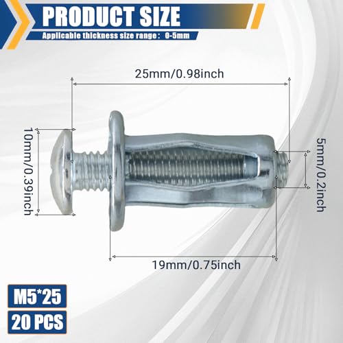 M5 x 25 Hollow Door Anchor Set, 20 Pack | Metal Cavity Fixing, Aluminium Cladding, Extra Short Wall Anchors for Steel Pipe Iron Sheet Plastic Sheet - size: 20 Pack M5 x 25