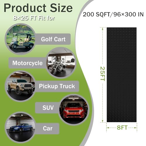8x25 FT Garage Floor Mat, 2.8mm Thickened Flooring Roll for Under Car Diamond Plate PVC Rubber Mat with 20 Pcs Tapes, Non-Slip Floor Mat for Garage, Warehouse, Gyms, Trailer, Black - color: Black, size: 8x25 FT