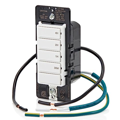 Leviton Countdown Timer Switch for household lights, heaters and exhaust fans, 30 min, 1-2-4 hour, No Neutral Wire Required, Single Pole, 15A, 1/2 HP/9.8A Fan/Motor, DT104-1LW, White - style: 1-2-4 hour, No Neutral Required
