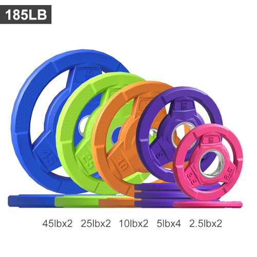 Color Coded 2-Inch Rubber Coated Olympic Grip Plate for Barbell,Solid Cast Iron Weight Plates for Strength Training, Weightlifting, Home Gym, 2.5/5/10/15/25/35/45 LB, Single and Pair - color: 185LB-SET