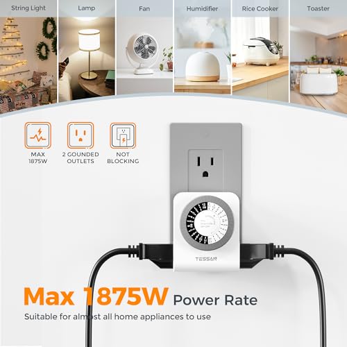 TESSAN Outlet Timer, Mechanical 24-Hour, 2 Pack | Dual 3-Prong Sockets, 30-Minute Intervals, For Lamps, Christmas Lights, Fans, Indoor Use