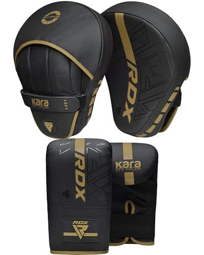 RDX Boxing Pads and Bag Gloves Set, Maya Hide Leather Kara Hook and Jab Training Pads, Curved Focus Mitts for MMA, Muay Thai, Kickboxing Coaching, Martial Arts, Punching Hand Target Strike Shield - color: GOLDEN