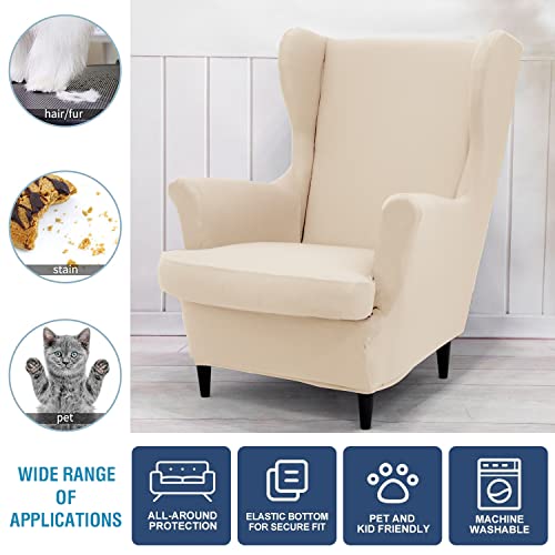 NILUOH Wingback Chair Cover 2-Piece Soft Stretch Wing Chair Slipcover Solid Color Armchair Sofa Couch Cover Furniture Protector with Elastic Bottom for Living Room Bedroom (Off-White) - color: Off-white