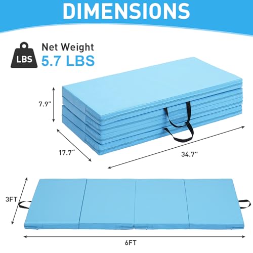Gymnastics Mat, 3'x6'/4'x6' Thick Folding Kids' Gymnastic Tumbling Mat with Carrying Handles for Home Gym Exercise & Play - color: 3x6FT-Light Blue