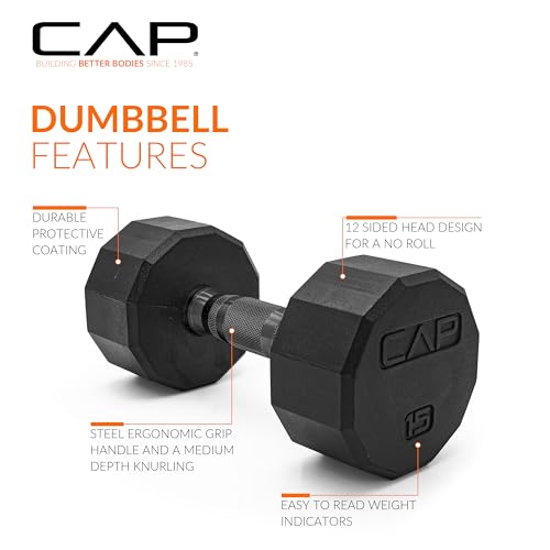CAP Rubber Coated Dumbbell Weights, Free Weights for Home Gym Strength Training, Anti-Roll Hex Dumbbells with Black, Chrome & Comfort Grip Handles, Singles - size: 15 lb, style: 12-Sided - Black Handle