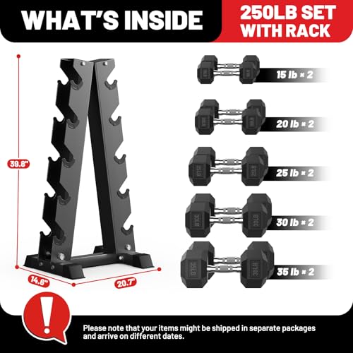 Hex Dumbbell Sets with Rack, 85-560lb Dumbbell Weight Set & Storage Rack | PAPABABE Dumbbell Set with Stand, Rubber Dumbbell Weight Set, Multiple Options Hand Weight for Strength Training - size: 250lb (15, 20, 25, 30, 35lb)x2& Rack