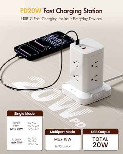 Power Strip Tower with Surge Protector 1800J, Fast Charging Tower PD20W USB-C Ports with 8 AC Outlets, Extension Cord for Home Office Dorm Room, White, 6FT - color: White, size: 6FT