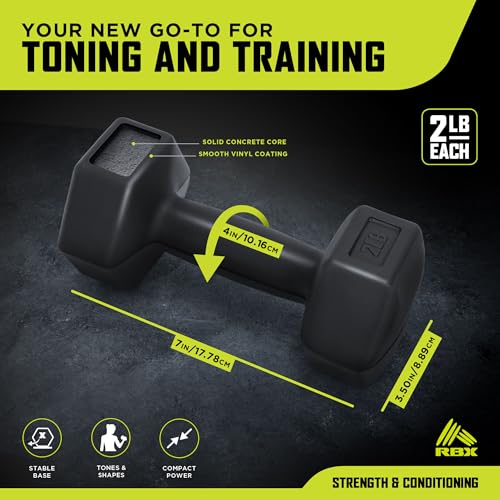 RBX Vinyl Coated Hand Weight Dumbbell Set - Hex Shaped, Roll Free for Body Building/Sculpting/Strength Training Exercise, (Set of 2) - color: Black, size: 2lb