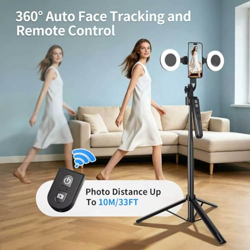 yAyusi 70.9" Auto Face Tracking Selfie Stick Tripod for iPhone with Light, No App, 360° Rotation Tripod that Follows Your Movement with Remote Control for Vlog/Live Stream/Video Recording